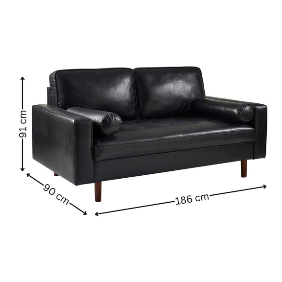 Black leather sofa with dimensions on a white background