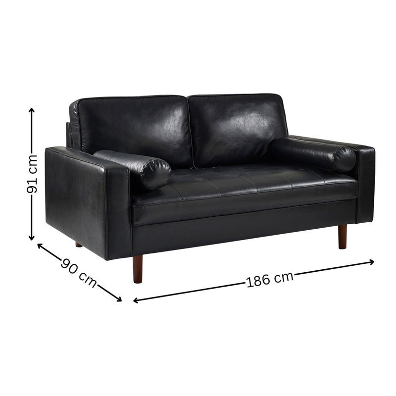 Black leather sofa with dimensions on a white background
