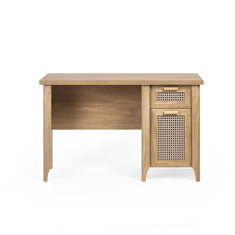 Wooden desk with a basket drawer on a white background