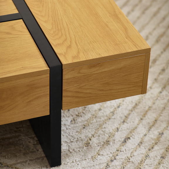 Wooden table with black metal frame on a textured surface