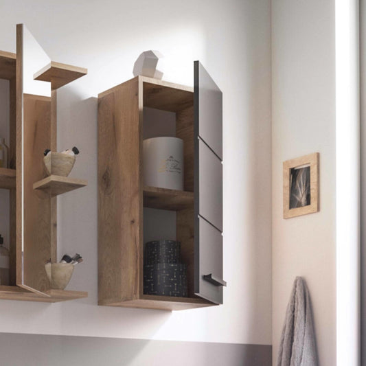 Wooden wall-mounted shelves with decorative items in a modern interior setting.