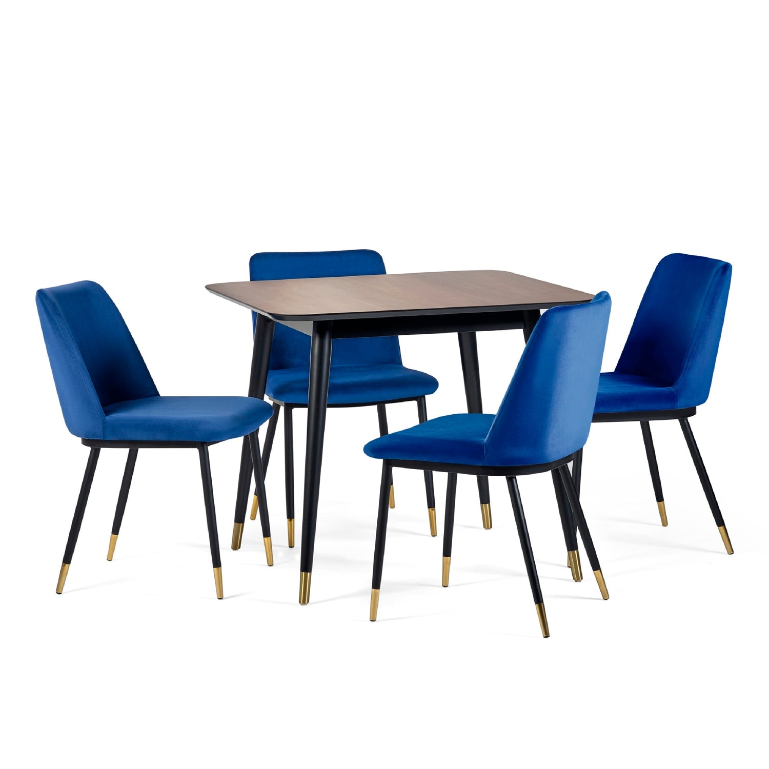 Dining set with a square table and four blue chairs on a white background
