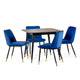 Dining set with a square table and four blue chairs on a white background