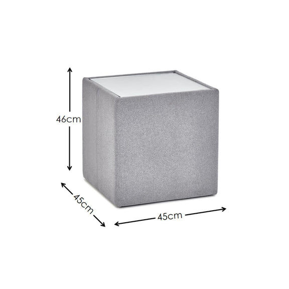 Gray cube-shaped ottoman with dimensions indicated on a white background