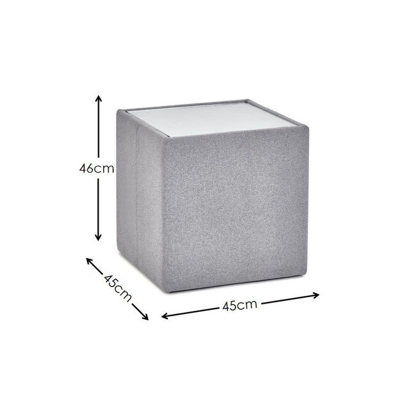 Gray cube-shaped ottoman with dimensions indicated on a white background