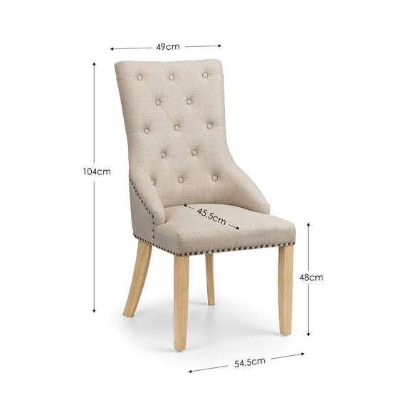 Beige upholstered chair with dimensions labeled on a white background
