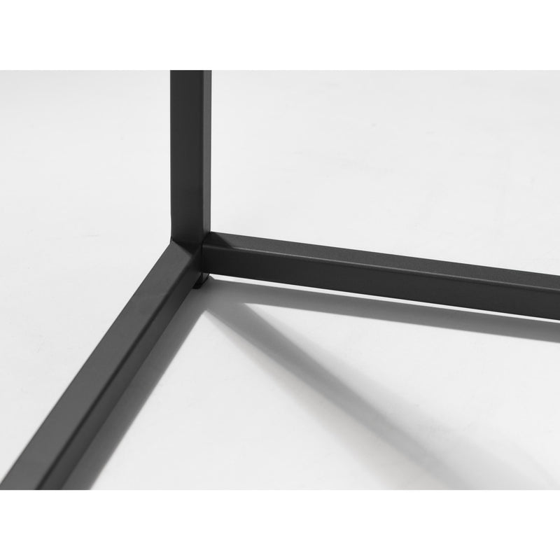 Close-up of a black metal frame corner on a white background