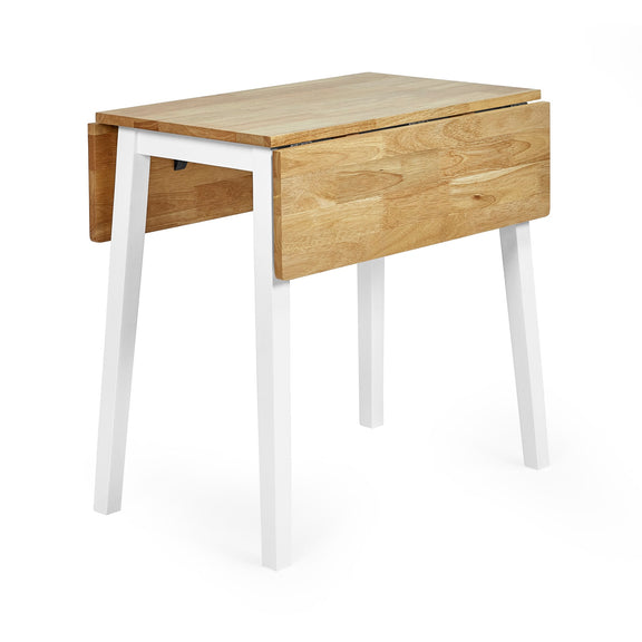 Wooden dining table with white legs on a white background
