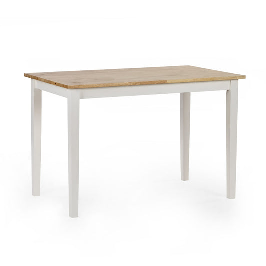 Dining table with wooden top and white base on a white background