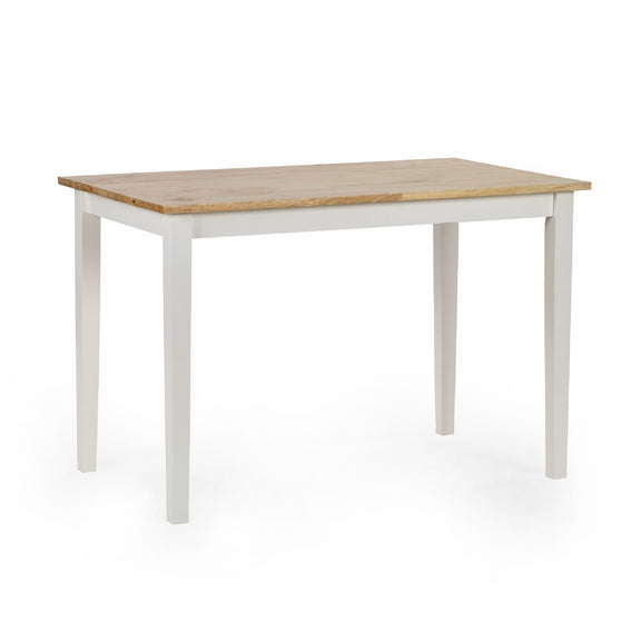 Dining table with wooden top and white base on a white background