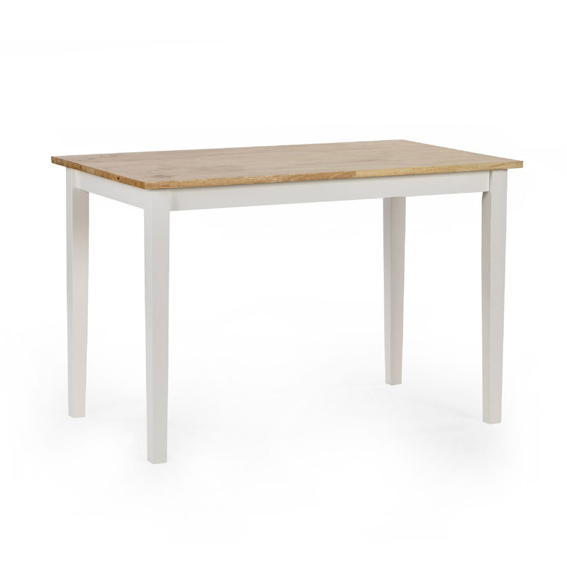 Dining table with wooden top and white base on a white background