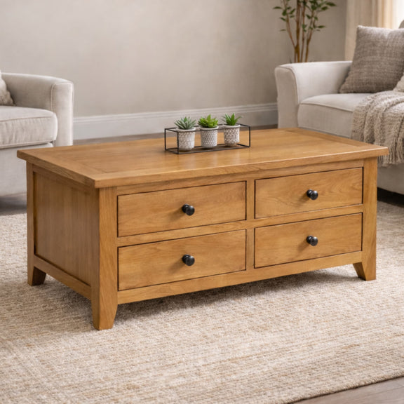 Wooden coffee table with drawers in a living room setting