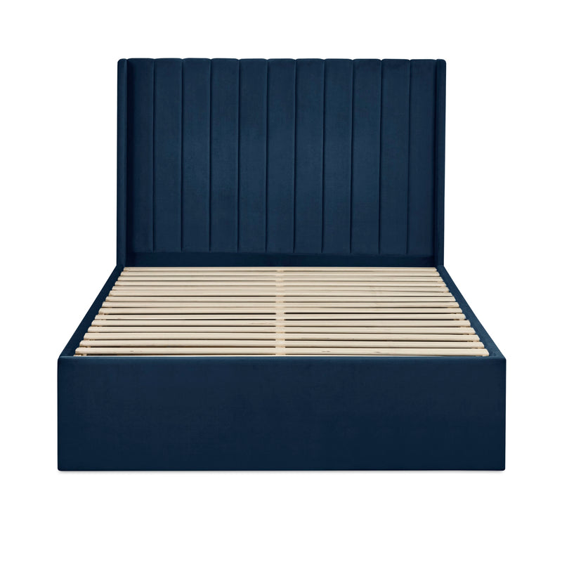 Navy blue upholstered bed frame with wooden slats on a white background