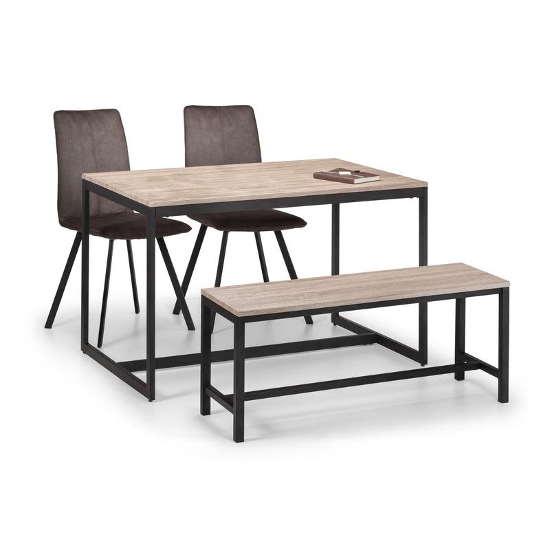 Dining set with table, two chairs, and a bench on a white background
