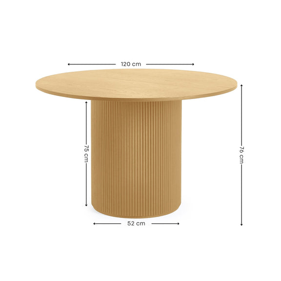 Round wooden table with dimensions on a white background
