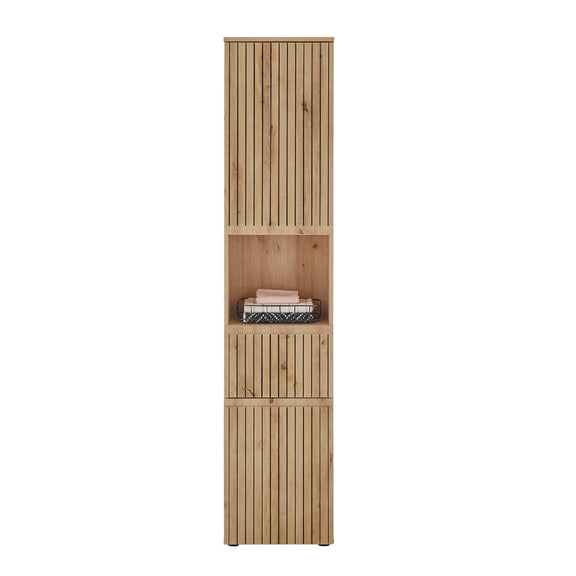 Tall wooden cabinet with slatted design on a white background