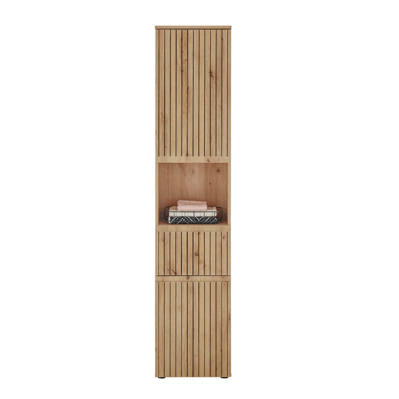 Tall wooden cabinet with slatted design on a white background