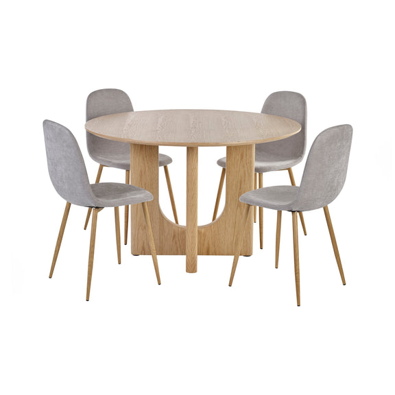 Round wooden dining table with four gray chairs on a white background