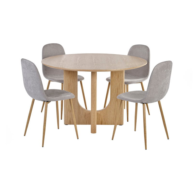 Round wooden dining table with four gray chairs on a white background