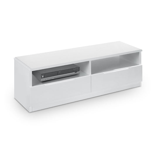 White TV stand with electronic equipment on a white background