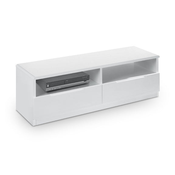White TV stand with electronic equipment on a white background