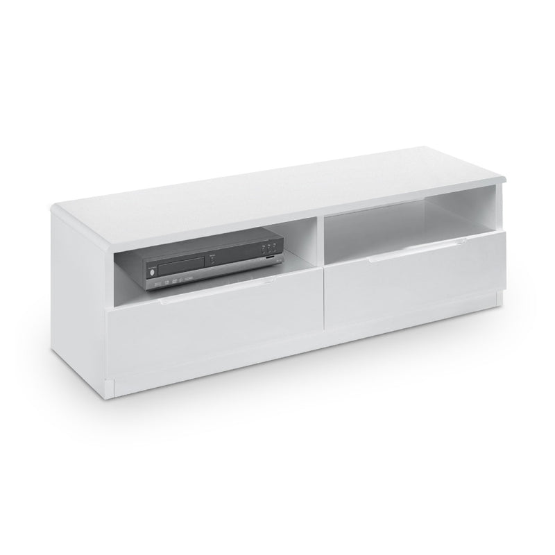White TV stand with electronic equipment on a white background