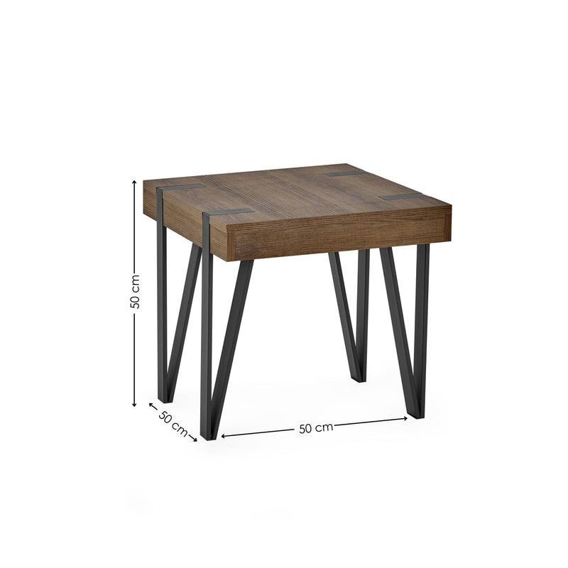 Wooden side table with dimensions on a white background
