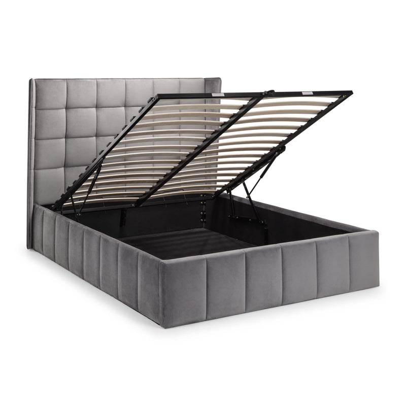 Gray upholstered bed with open storage compartment on a white background