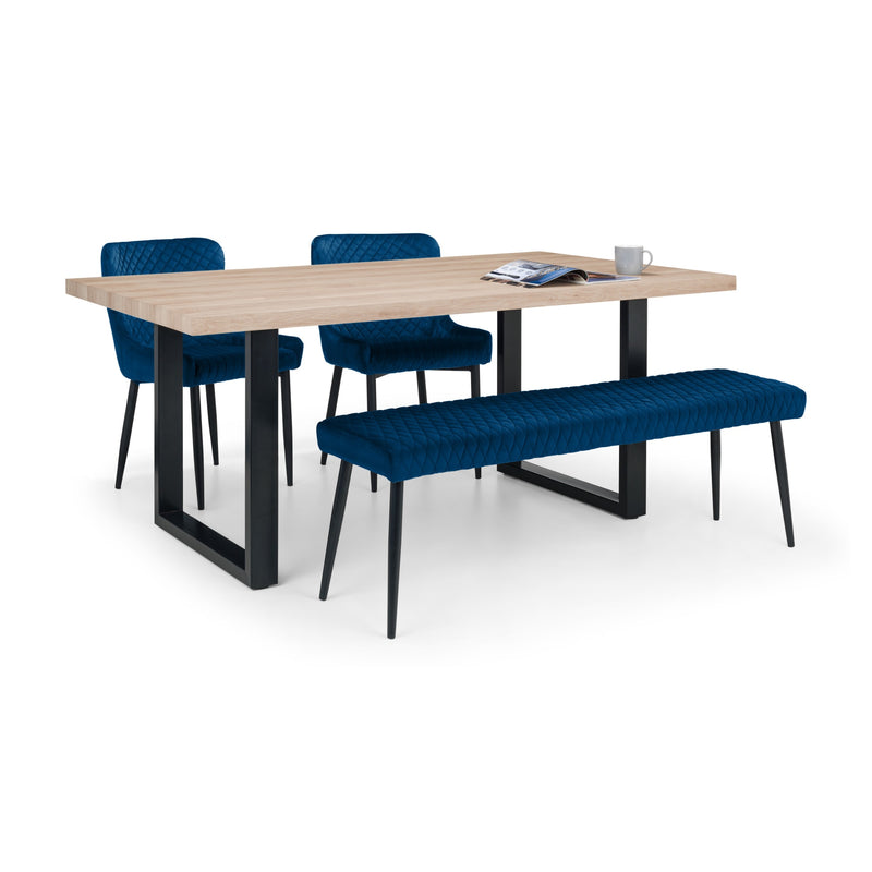 Dining set with a table and four blue chairs on a white background