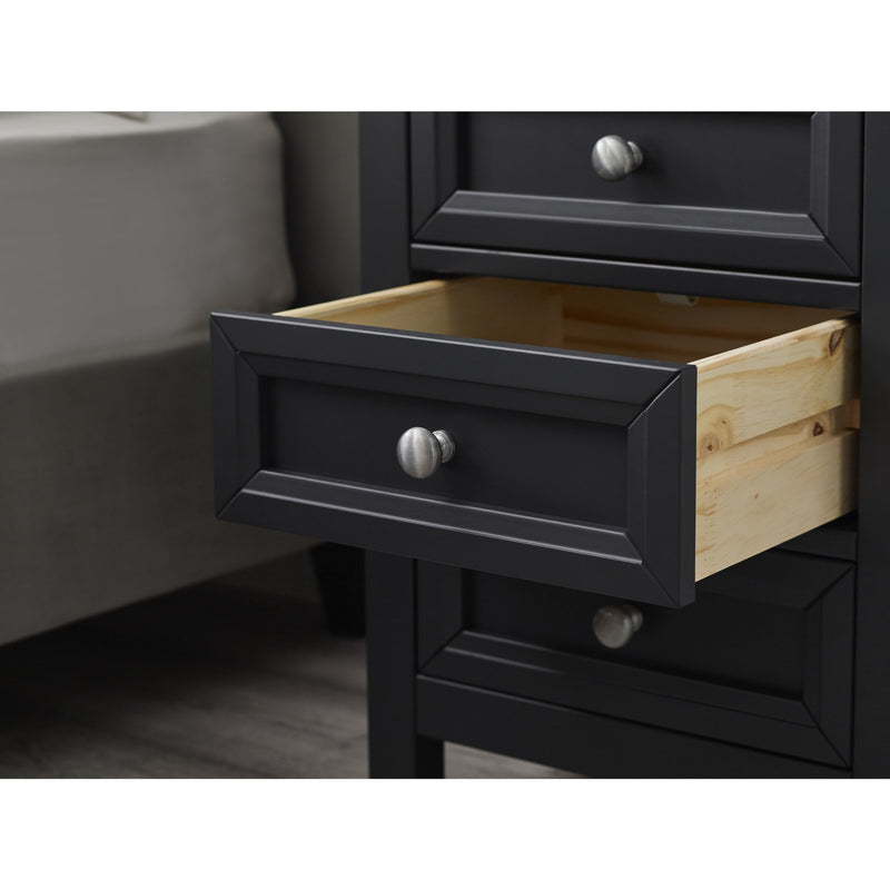 Black wooden nightstand with open drawer revealing wooden interior.