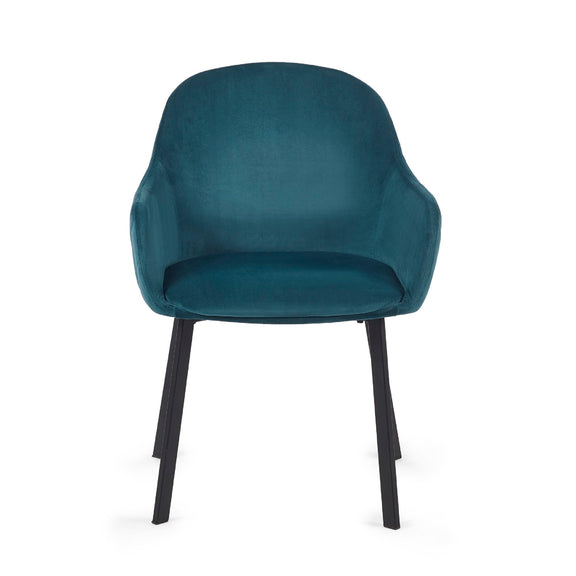 Teal chair with black legs on a white background
