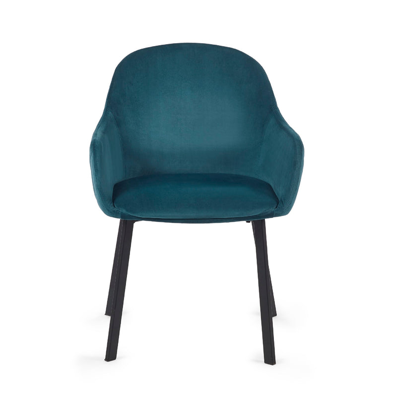 Teal chair with black legs on a white background