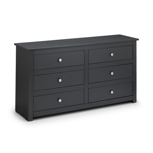 Black dresser with six drawers on a white background