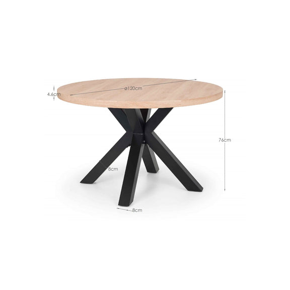 Round wooden table with black metal legs and dimensions on a white background