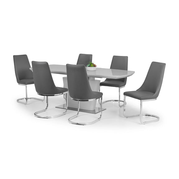 Dining table set with six gray chairs on a white background