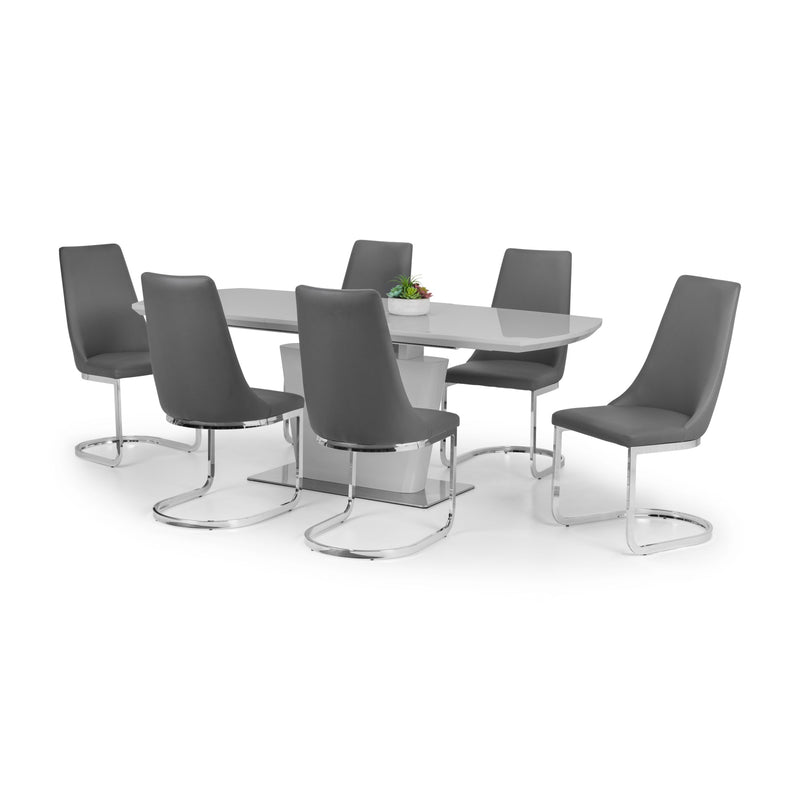 Dining table set with six gray chairs on a white background