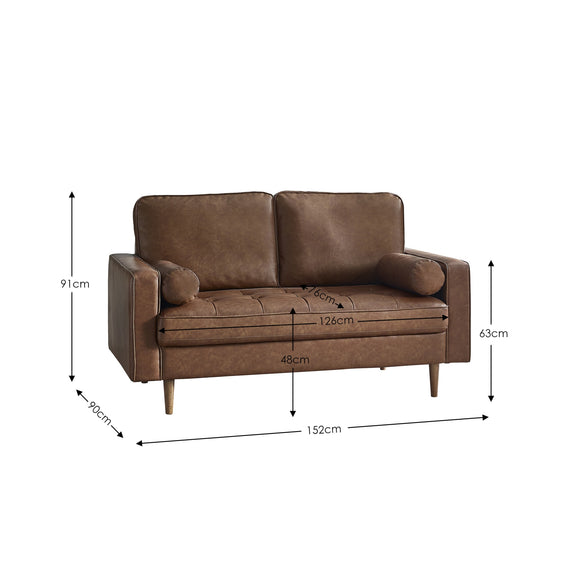 Brown sofa with dimensions labeled on a white background