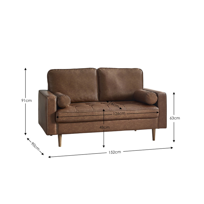 Brown sofa with dimensions labeled on a white background