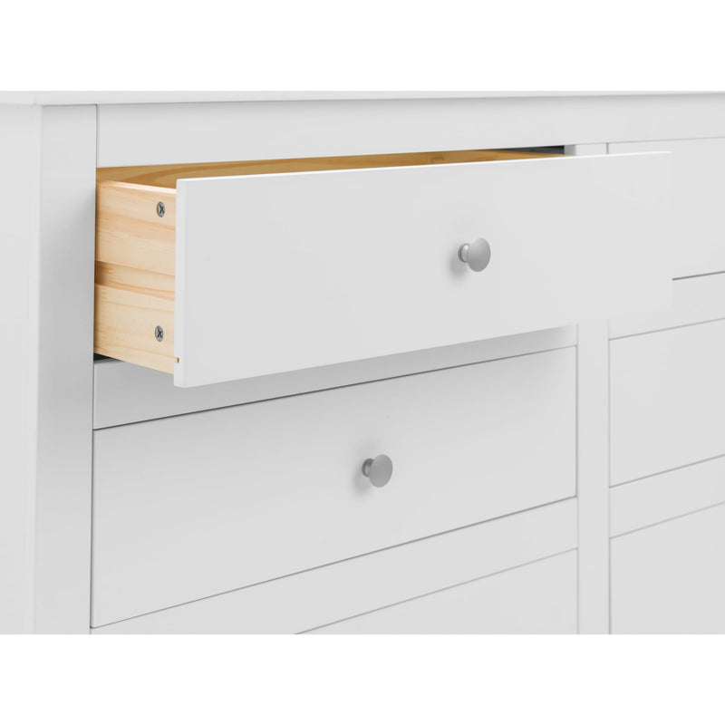 White dresser with open drawer revealing wooden interior