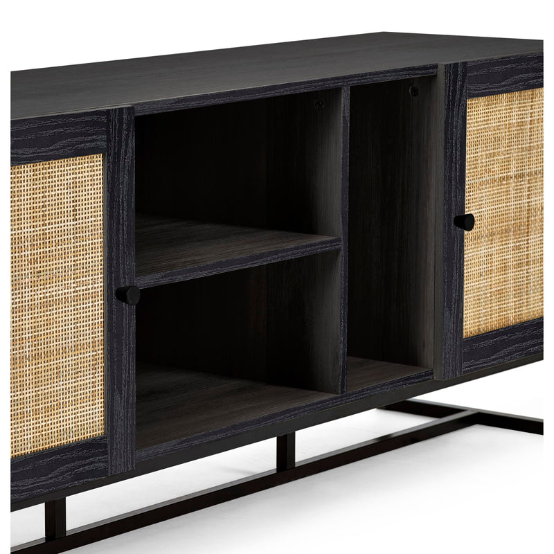 Black cabinet with woven doors on a white background