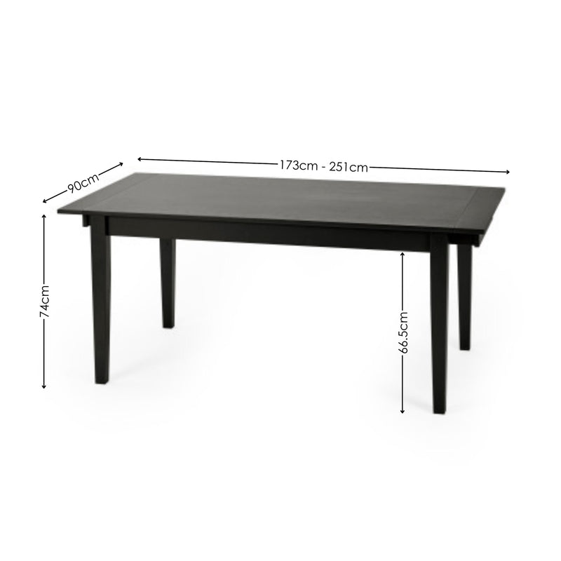 Black dining table with dimensions labeled on a white background