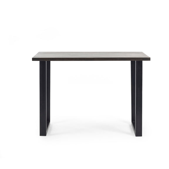 Rectangular table with black legs and a light gray top on a white background