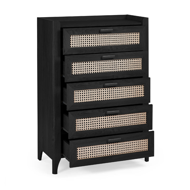 Black dresser with wicker-like drawer fronts on a white background
