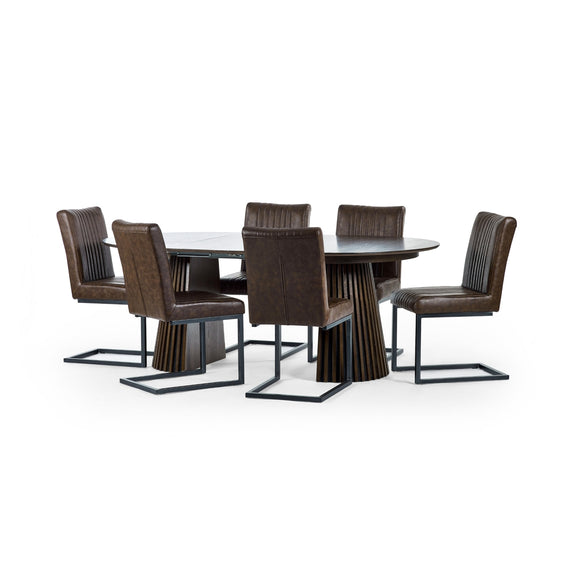 Dining table set with six brown chairs on a white background