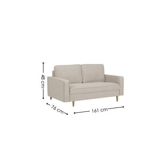 Beige sofa with dimensions indicated on a white background