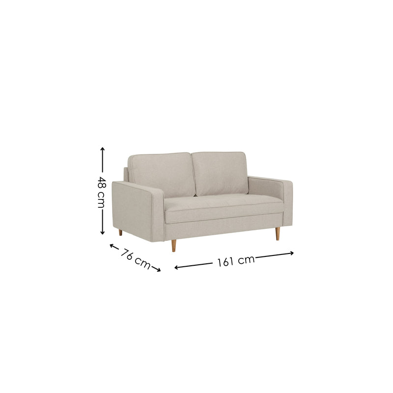 Beige sofa with dimensions indicated on a white background