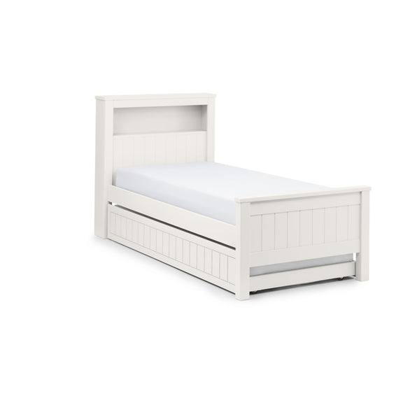 White wooden bed with a mattress on a white background
