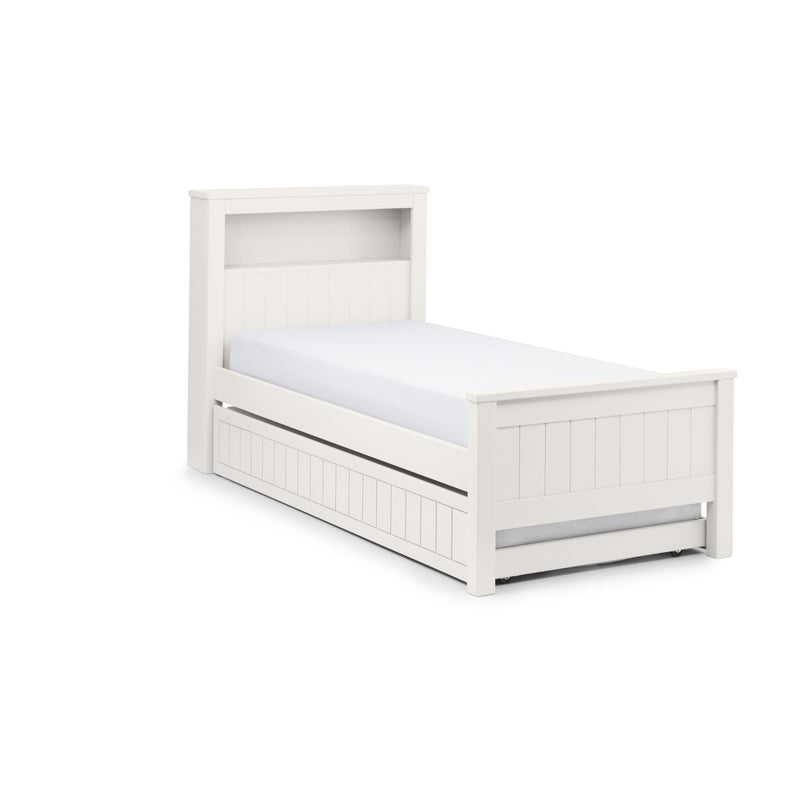 White wooden bed with a mattress on a white background