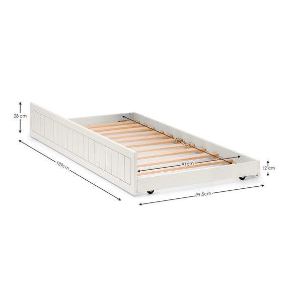 White bed frame with wooden slats and dimensions labeled on a white background