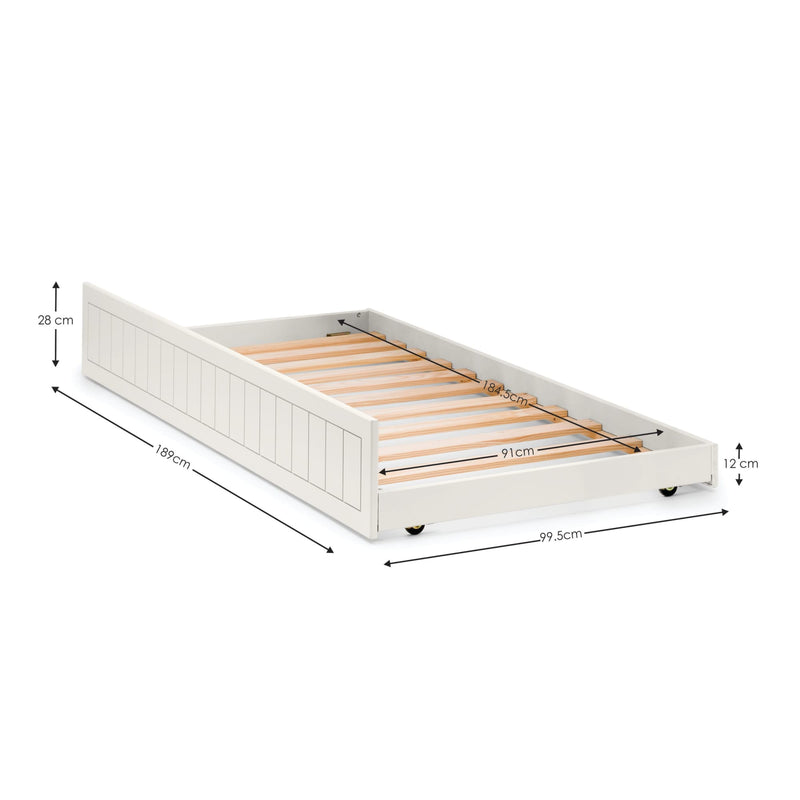 White bed frame with wooden slats and dimensions labeled on a white background